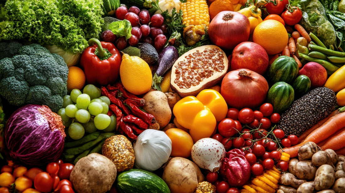Various brightly colored vegetables cover a table.